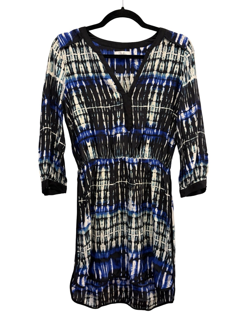 Parker 100% Silk Blue Black Abstract 3/4 Sleeve Faux Wrap Dress Women's S